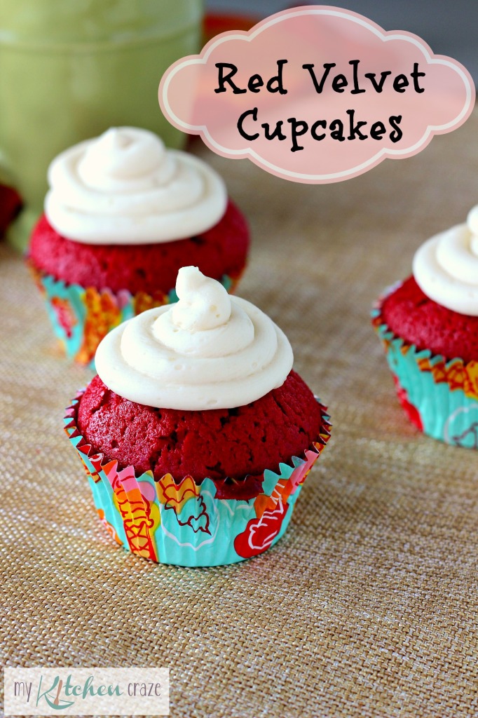 Red Velvet Cupcakes ~ mykitchencraze.com ~ Moist red velvet cupcakes topped with a creamy buttercream frosting. Delicious!