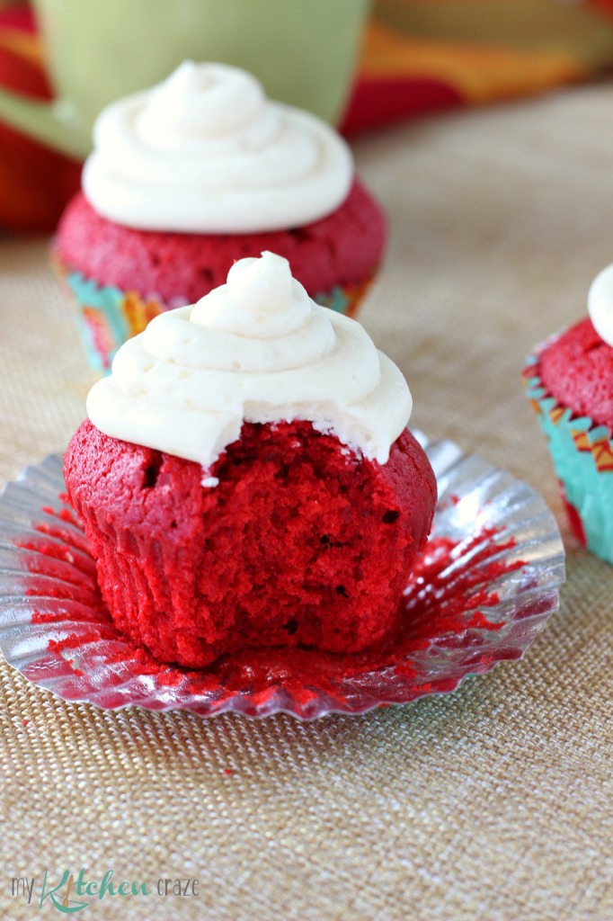 Red Velvet Cupcakes ~ mykitchencraze.com ~ Moist red velvet cupcakes topped with a creamy buttercream frosting. Delicious!