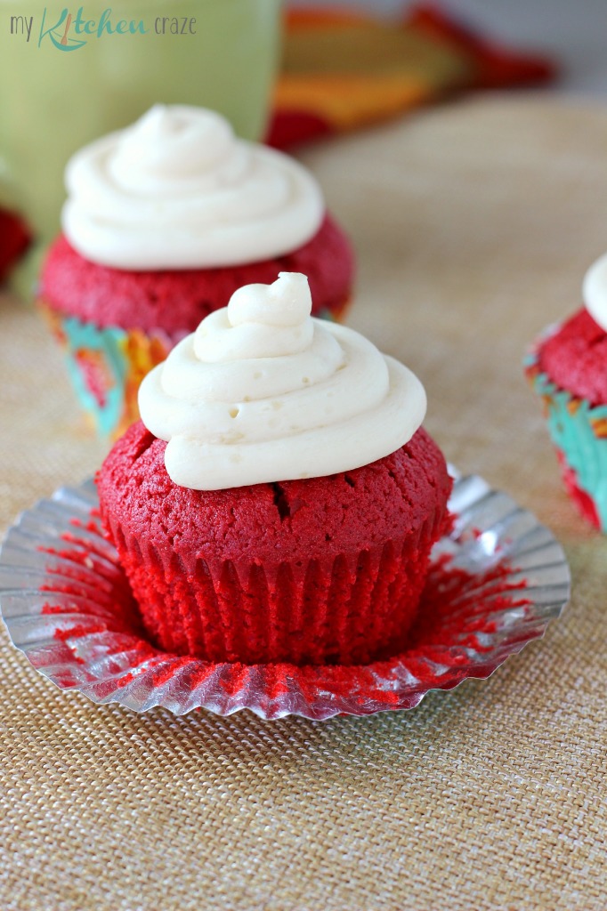 Red Velvet Cupcakes ~ mykitchencraze.com ~ Moist red velvet cupcakes topped with a creamy buttercream frosting. Delicious!