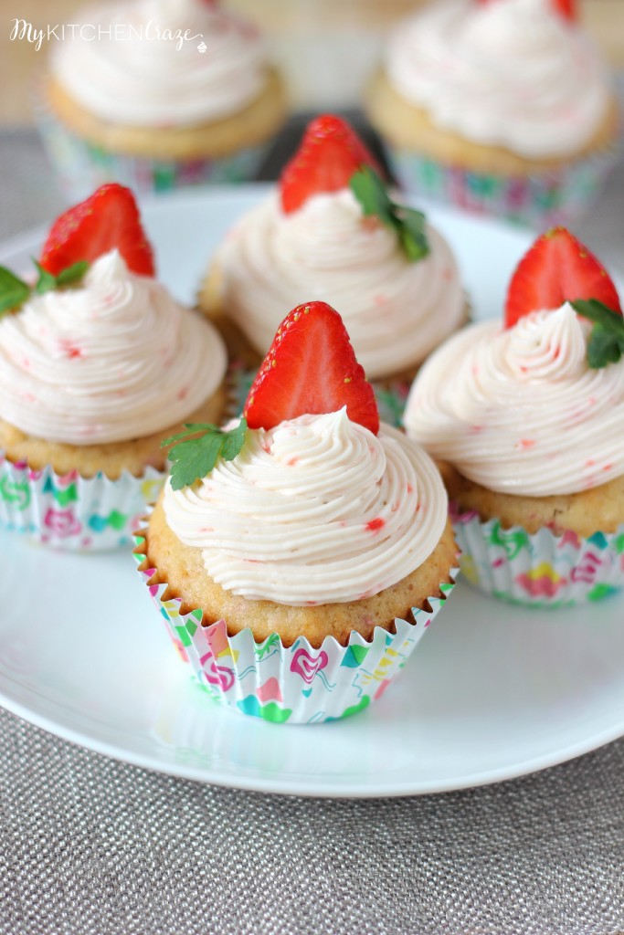 Strawberry Cupcakes with Strawberry Buttercream ~ A fluffy and moist cupcake, that's perfect for your someone special ~ www.mykitchencraze.com