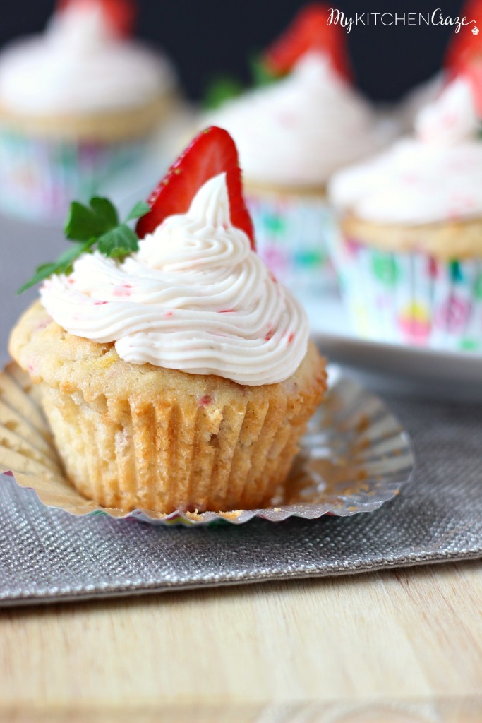 Strawberry Cupcakes with Strawberry Buttercream ~ A fluffy and moist cupcake, that's perfect for your someone special ~ www.mykitchencraze.com