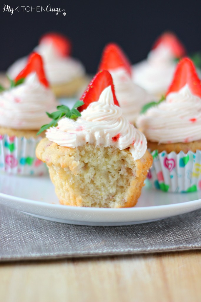 Strawberry Cupcakes with Strawberry Buttercream ~ A fluffy and moist cupcake, that's perfect for your someone special ~ www.mykitchencraze.com