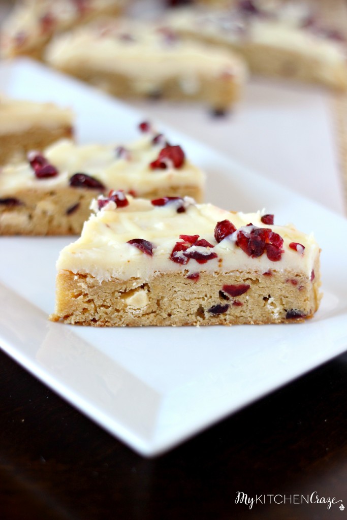 Cranberry Bliss Bars ~ A soft blondie bar with white chocolate, cranberries and covered in cream cheese frosting. Perfect treat for any occasion! ~ www.mykitchencraze.com