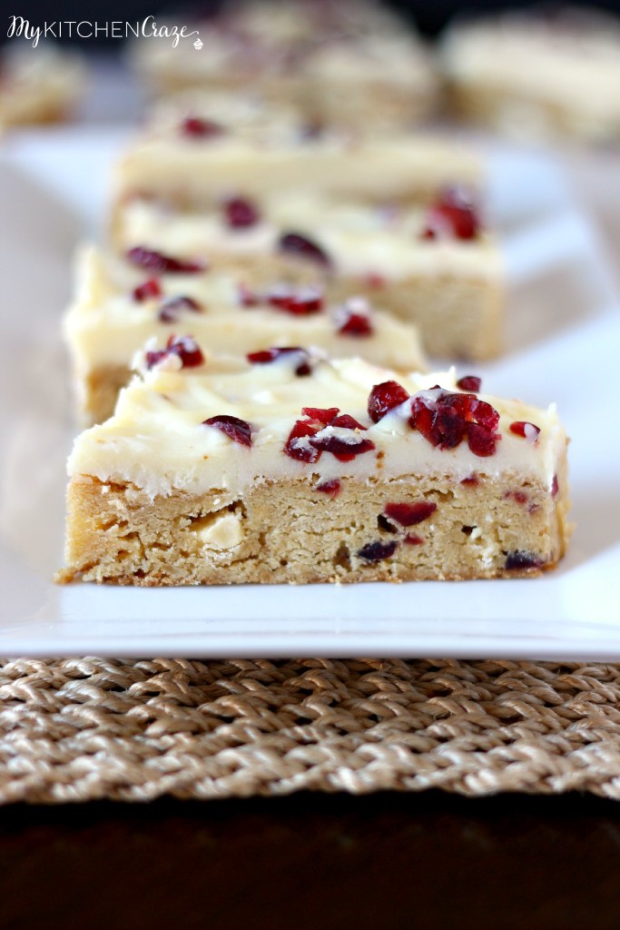 Cranberry Bliss Bars ~ A soft blondie bar with white chocolate, cranberries and covered in cream cheese frosting. Perfect treat for any occasion! ~ www.mykitchencraze.com