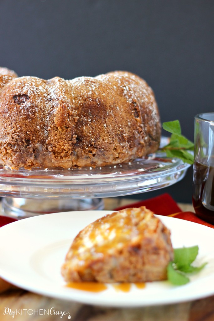 Caramel Apple Bundt Cake ~ Apples and cream cheese swirled through out a moist cake, then topped off with a homemade glaze and caramel sauce to make this cake out of this world delicious! ~ www.mykitchencraze.com