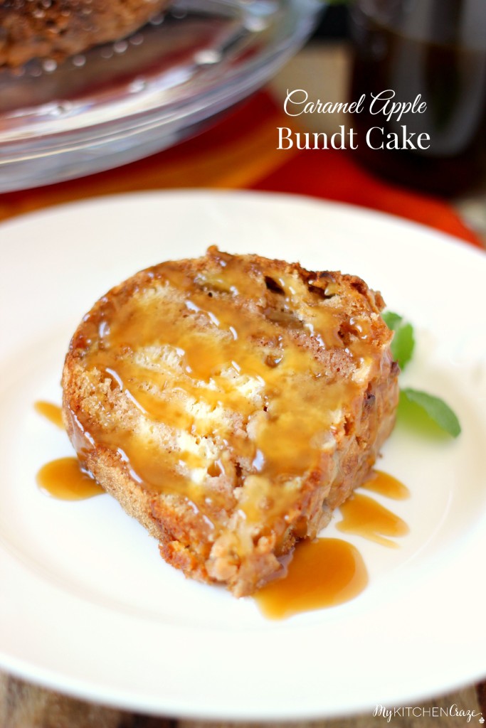 Caramel Apple Bundt Cake ~ Apples and cream cheese swirled through out a moist cake, then topped off with a homemade glaze and caramel sauce to make this cake out of this world delicious! ~ www.mykitchencraze.com