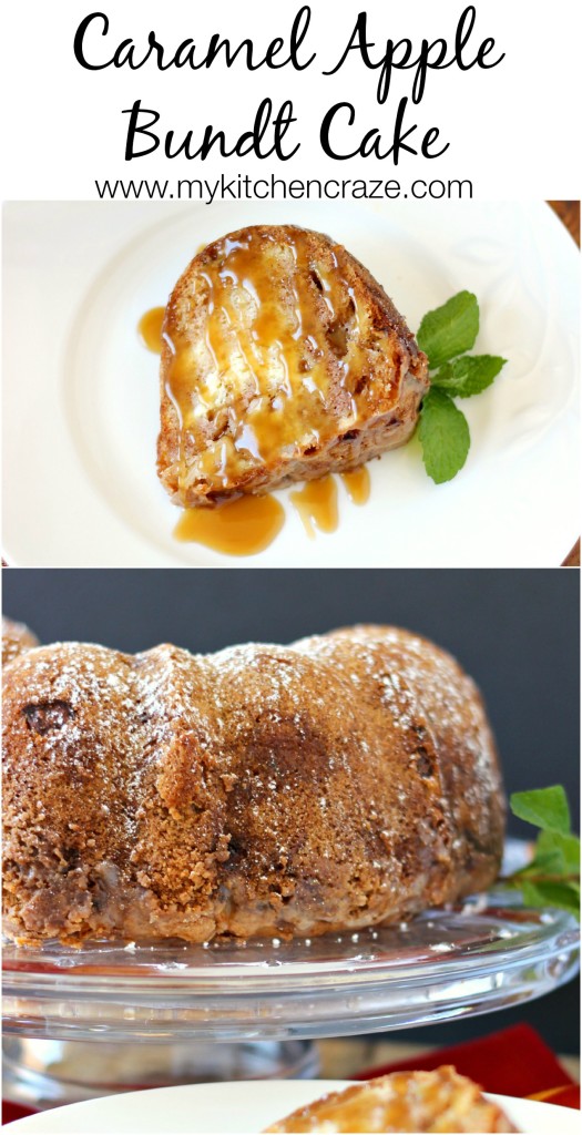 Caramel Apple Bundt Cake ~ Apples and cream cheese swirled through out a moist cake, then topped off with a homemade glaze and caramel sauce to make this cake out of this world delicious! ~ www.mykitchencraze.com