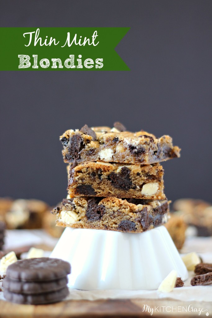 Thin Mint Blondies ~ A soft and chewy blondie bar with Thin Mint cookies and White Chocolate chunks throughout. Makes for a delicious bar that you'll love for dessert! ~ www.mykitchencraze.com