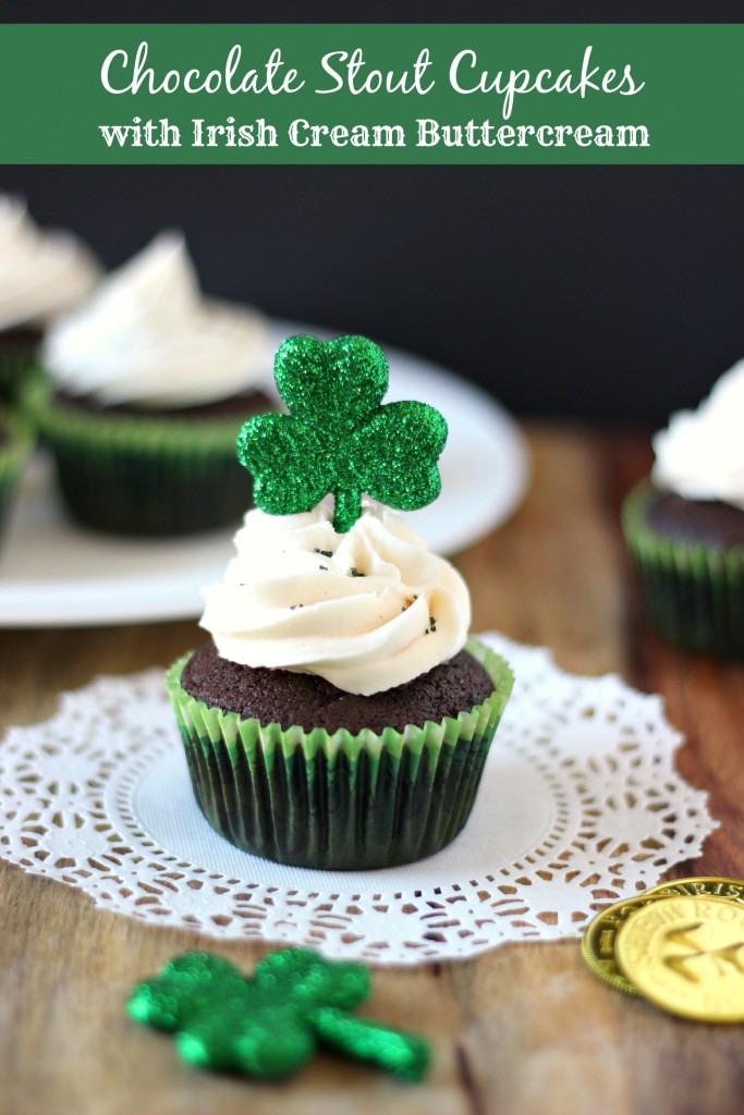 Chocolate Stout Cupcakes with Irish Cream Buttercream ~ A moist, crumbly homemade chocolate stout cake topped off with Irish Cream Buttercream. Perfect dessert for St. Patrick's Day. ~ www.mykitchencraze.com