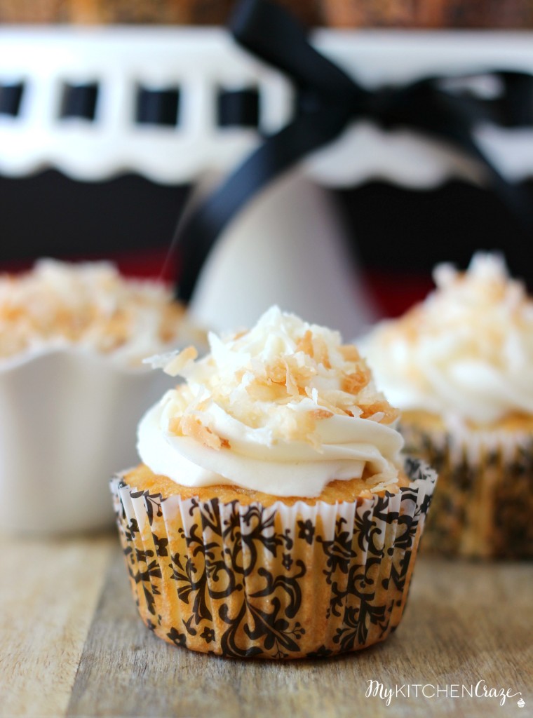 Almond Cupcakes with Toasted Coconut Buttercream ~ A delicious and moist cupcake with a hint of almond flavor, then topped with a creamy coconut buttercream. ~ www.mykitchencraze.com