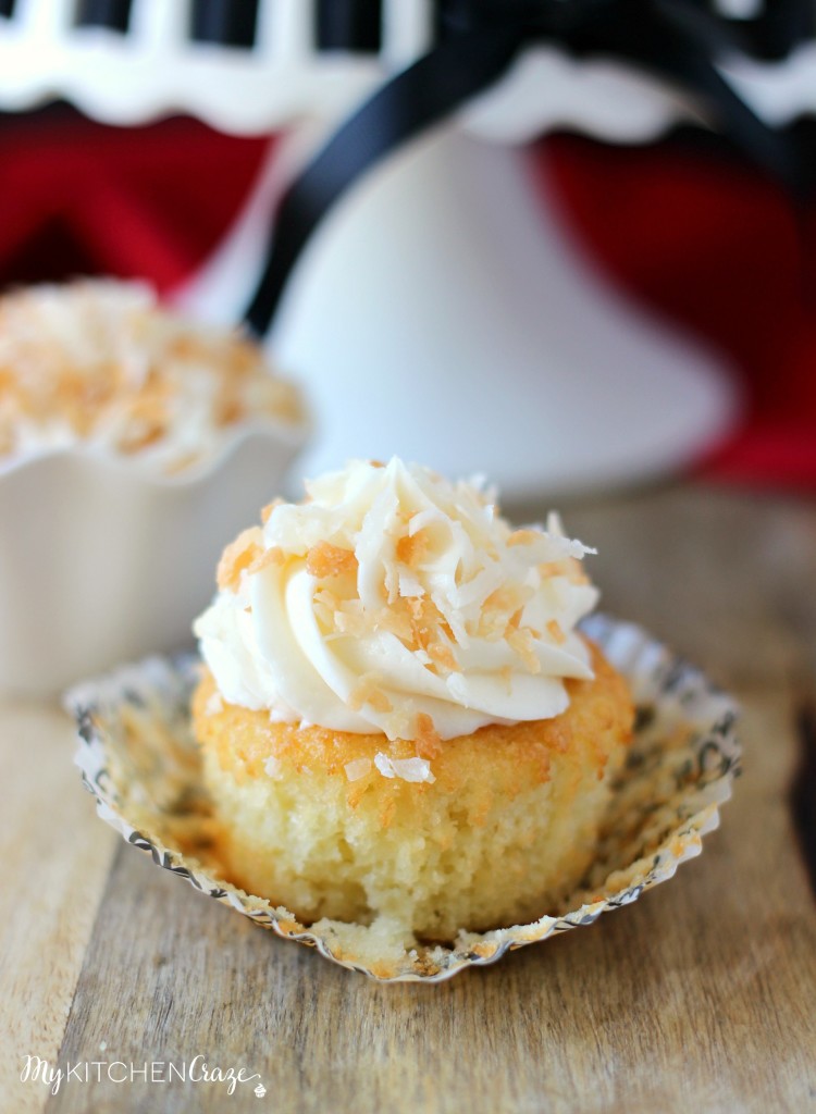 Almond Cupcakes with Toasted Coconut Buttercream ~ A delicious and moist cupcake with a hint of almond flavor, then topped with a creamy coconut buttercream. ~ www.mykitchencraze.com