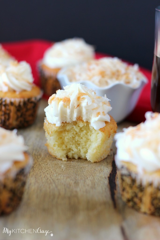 Almond Cupcakes with Toasted Coconut Buttercream ~ A delicious and moist cupcake with a hint of almond flavor, then topped with a creamy coconut buttercream. ~ www.mykitchencraze.com