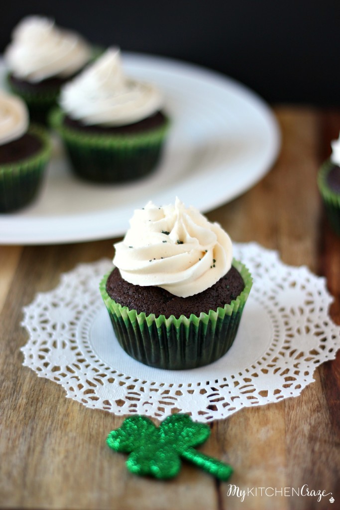 Chocolate Stout Cupcakes with Irish Cream Buttercream ~ A moist, crumbly homemade chocolate stout cake topped off with Irish Cream Buttercream. Perfect dessert for St. Patrick's Day. ~ www.mykitchencraze.com