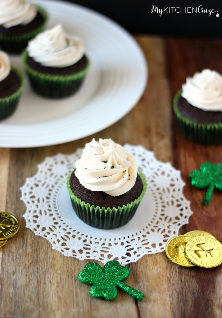 Chocolate Stout Cupcakes with Irish Cream Buttercream ~ A moist, crumbly homemade chocolate stout cake topped off with Irish Cream Buttercream. Perfect dessert for St. Patrick's Day. ~ www.mykitchencraze.com