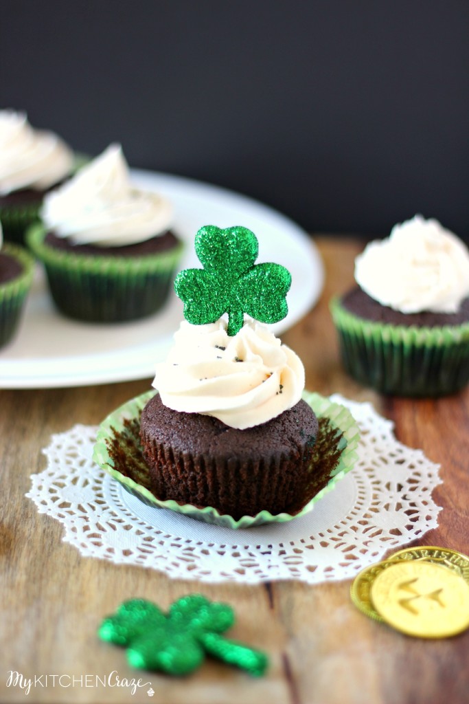 Chocolate Stout Cupcakes with Irish Cream Buttercream ~ A moist, crumbly homemade chocolate stout cake topped off with Irish Cream Buttercream. Perfect dessert for St. Patrick's Day. ~ www.mykitchencraze.com