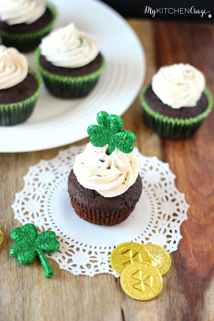 Chocolate Stout Cupcakes with Irish Cream Buttercream ~ A moist, crumbly homemade chocolate stout cake topped off with Irish Cream Buttercream. Perfect dessert for St. Patrick's Day. ~ www.mykitchencraze.com