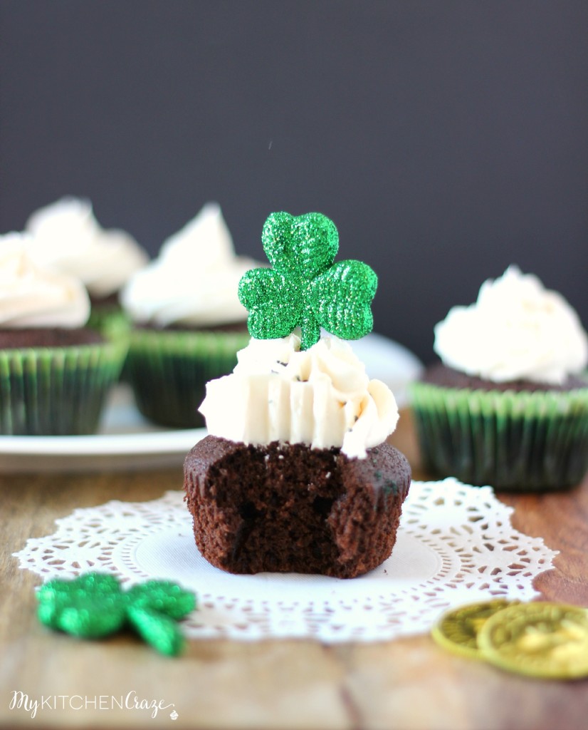 Chocolate Stout Cupcakes with Irish Cream Buttercream ~ A moist, crumbly homemade chocolate stout cake topped off with Irish Cream Buttercream. Perfect dessert for St. Patrick's Day. ~ www.mykitchencraze.com