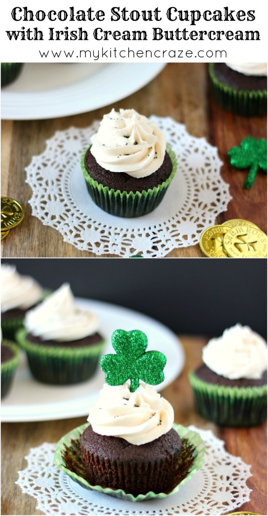 Chocolate Stout Cupcakes with Irish Cream Buttercream ~ A moist, crumbly homemade chocolate stout cake topped off with Irish Cream Buttercream. Perfect dessert for St. Patrick's Day. ~ www.mykitchencraze.com