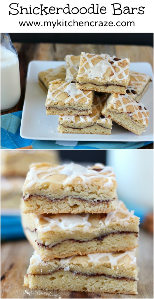 Snickerdoodle Bars ~ A chewy, soft blondie bar, swirled with cinnamon-sugar then drizzled with a simple glaze. ~ www.mykitchencraze.com