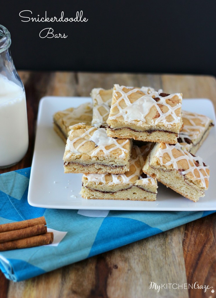 Snickerdoodle Bars ~ A chewy, soft blondie bar, swirled with cinnamon-sugar then drizzled with a simple glaze. ~ www.mykitchencraze.com