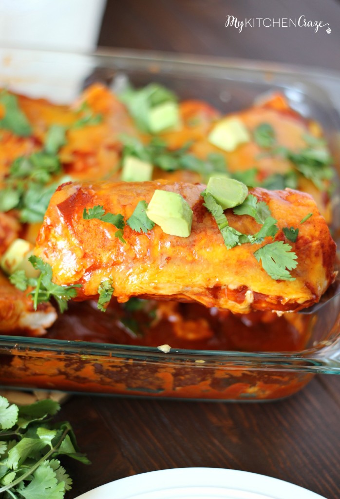 Chicken & Sweet Potato Enchiladas ~ www.mykitchencraze.com ~ Tortillas filled with chicken, sweet potatoes and black beans, then smothered in enchilada sauce and cheese! Delicious!