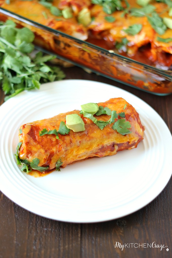 Chicken & Sweet Potato Enchiladas ~ www.mykitchencraze.com ~ Tortillas filled with chicken, sweet potatoes and black beans, then smothered in enchilada sauce and cheese! Delicious!