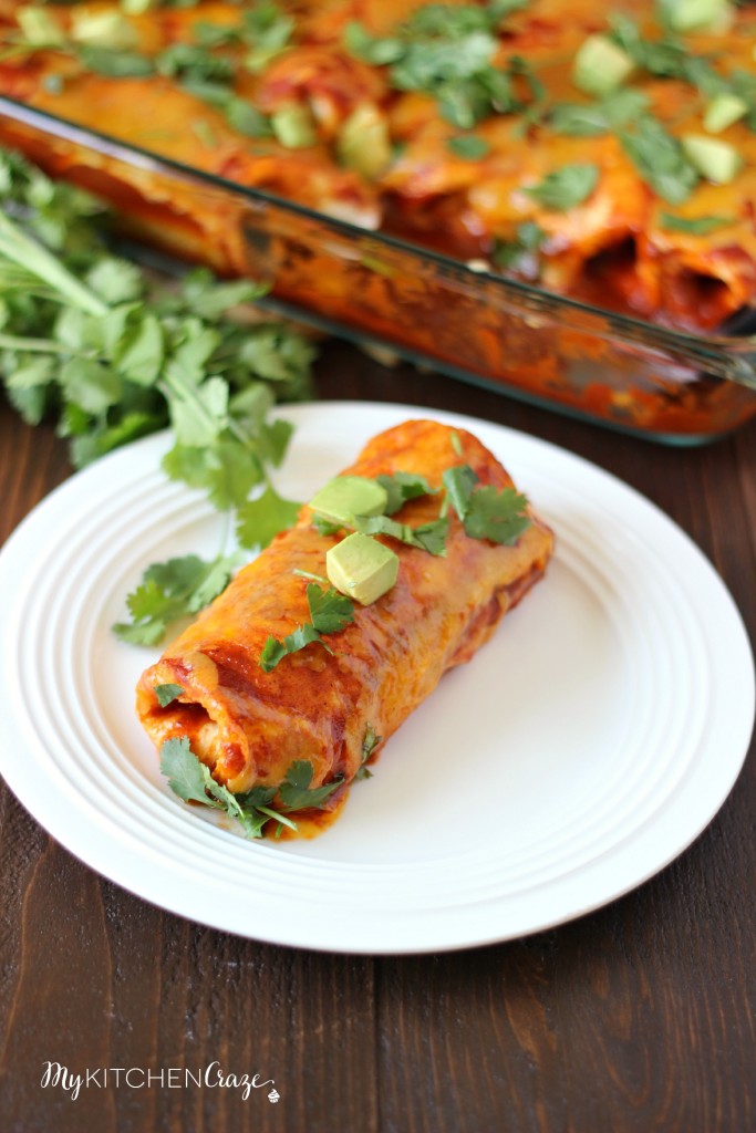 Chicken & Sweet Potato Enchiladas ~ www.mykitchencraze.com ~ Tortillas filled with chicken, sweet potatoes and black beans, then smothered in enchilada sauce and cheese! Delicious!