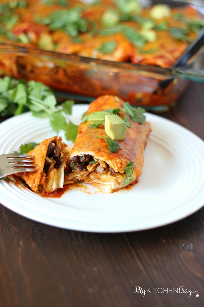 Chicken & Sweet Potato Enchiladas ~ www.mykitchencraze.com ~ Tortillas filled with chicken, sweet potatoes and black beans, then smothered in enchilada sauce and cheese! Delicious!