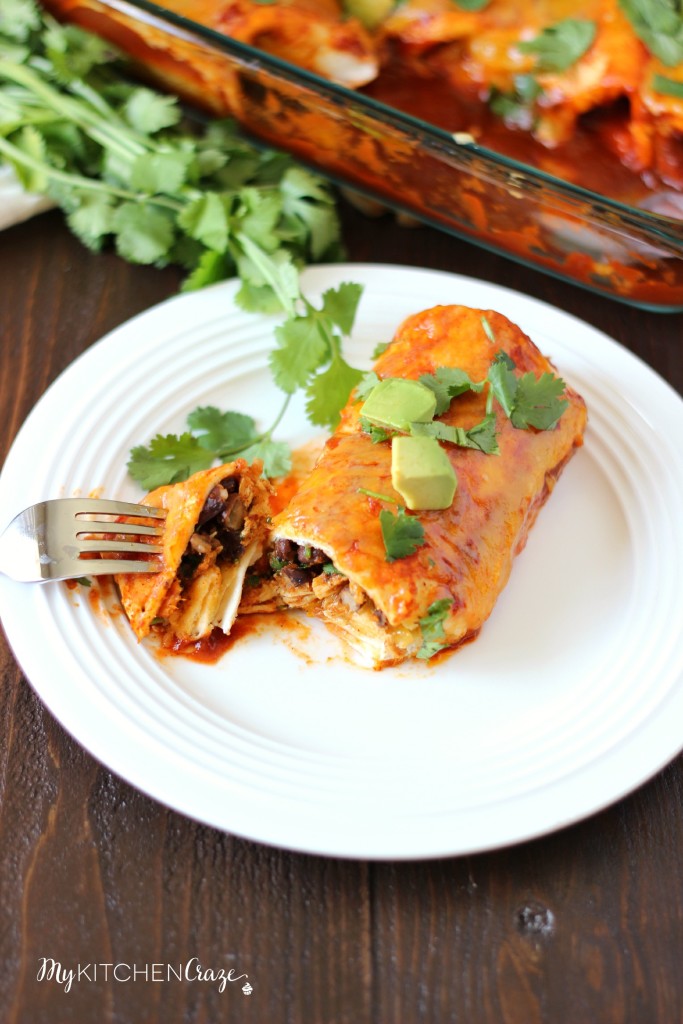 Chicken & Sweet Potato Enchiladas ~ www.mykitchencraze.com ~ Tortillas filled with chicken, sweet potatoes and black beans, then smothered in enchilada sauce and cheese! Delicious!