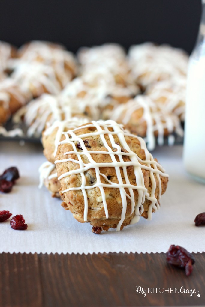 White Chocolate Cranberry Cookies ~ www.mykitchencraze.com ~ A soft and moist oatmeal cookie that's filled with delicious dried cranberries & white chocolate chunks!