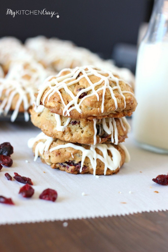 White Chocolate Cranberry Cookies ~ www.mykitchencraze.com ~ A soft and moist oatmeal cookie that's filled with delicious dried cranberries & white chocolate chunks!