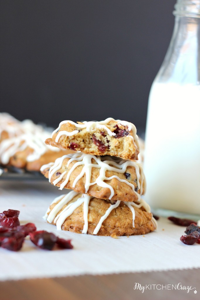 White Chocolate Cranberry Cookies ~ www.mykitchencraze.com ~ A soft and moist oatmeal cookie that's filled with delicious dried cranberries & white chocolate chunks!
