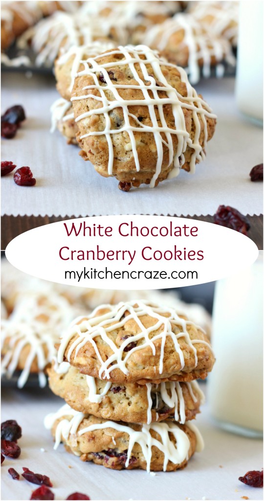 White Chocolate Cranberry Cookies ~ www.mykitchencraze.com ~ A soft and moist oatmeal cookie that's filled with delicious dried cranberries & white chocolate chunks!