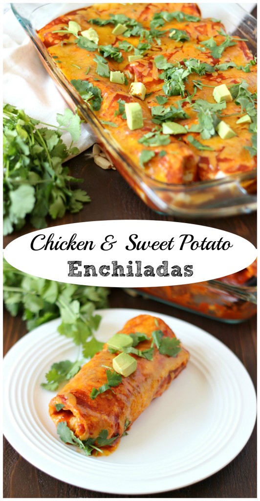 Chicken & Sweet Potato Enchiladas ~ www.mykitchencraze.com ~ Tortillas filled with chicken, sweet potatoes and black beans, then smothered in enchilada sauce and cheese! Delicious!