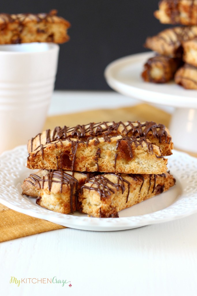 Caramel Almond Biscotti ~ mykitchencraze.com ~ A nice crunchy biscotti, filled with caramel bits and a drizzle of coffee. Perfect with your cup of coffee!