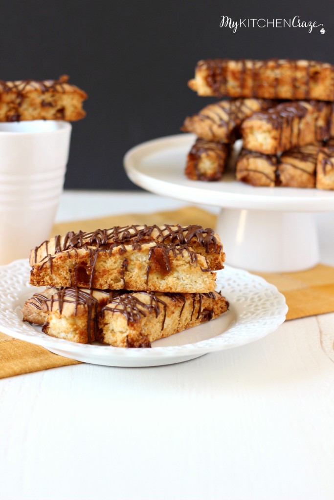 Caramel Almond Biscotti ~ mykitchencraze.com ~ A nice crunchy biscotti, filled with caramel bits and a drizzle of coffee. Perfect with your cup of coffee!