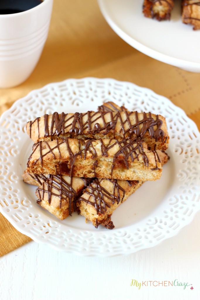 Caramel Almond Biscotti ~ mykitchencraze.com ~ A nice crunchy biscotti, filled with caramel bits and a drizzle of coffee. Perfect with your cup of coffee!