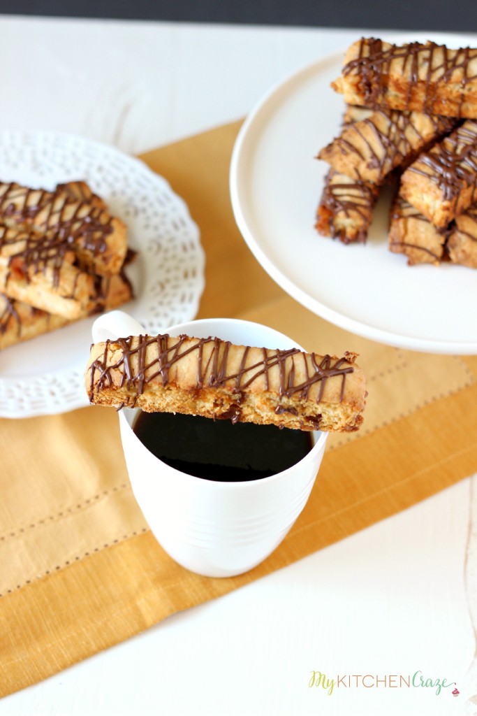 Caramel Almond Biscotti ~ mykitchencraze.com ~ A nice crunchy biscotti, filled with caramel bits and a drizzle of coffee. Perfect with your cup of coffee!