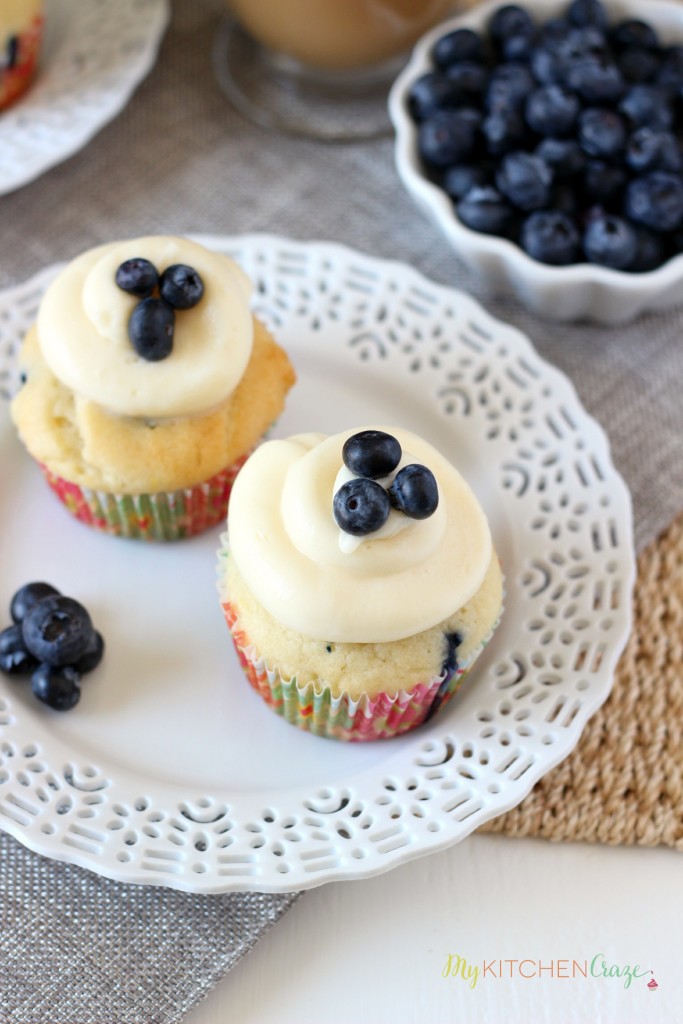 Lemon Blueberry Cupcakes ~ mykitchencraze.com ~  A moist cupcake filled with juicy blueberries and lemon zest. Topped with a delicious cream cheese frosting.