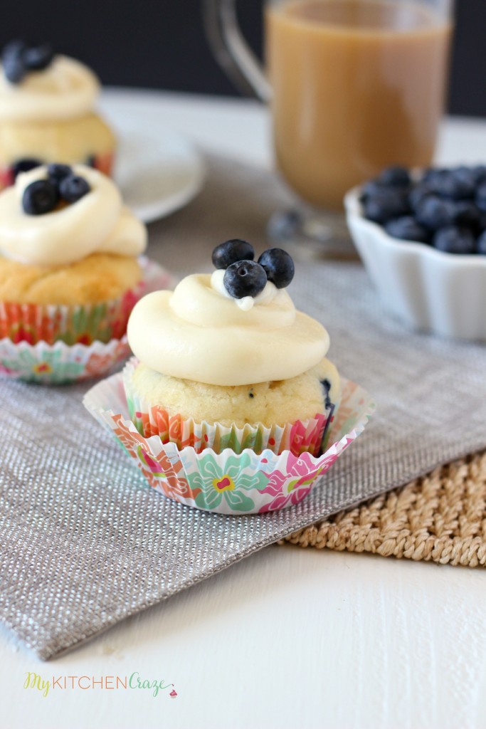 Lemon Blueberry Cupcakes ~ mykitchencraze.com ~  A moist cupcake filled with juicy blueberries and lemon zest. Topped with a delicious cream cheese frosting.