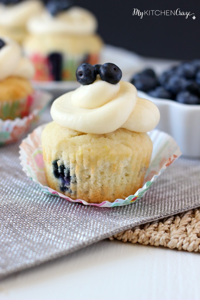 Lemon Blueberry Cupcakes ~ mykitchencraze.com ~  A moist cupcake filled with juicy blueberries and lemon zest. Topped with a delicious cream cheese frosting.