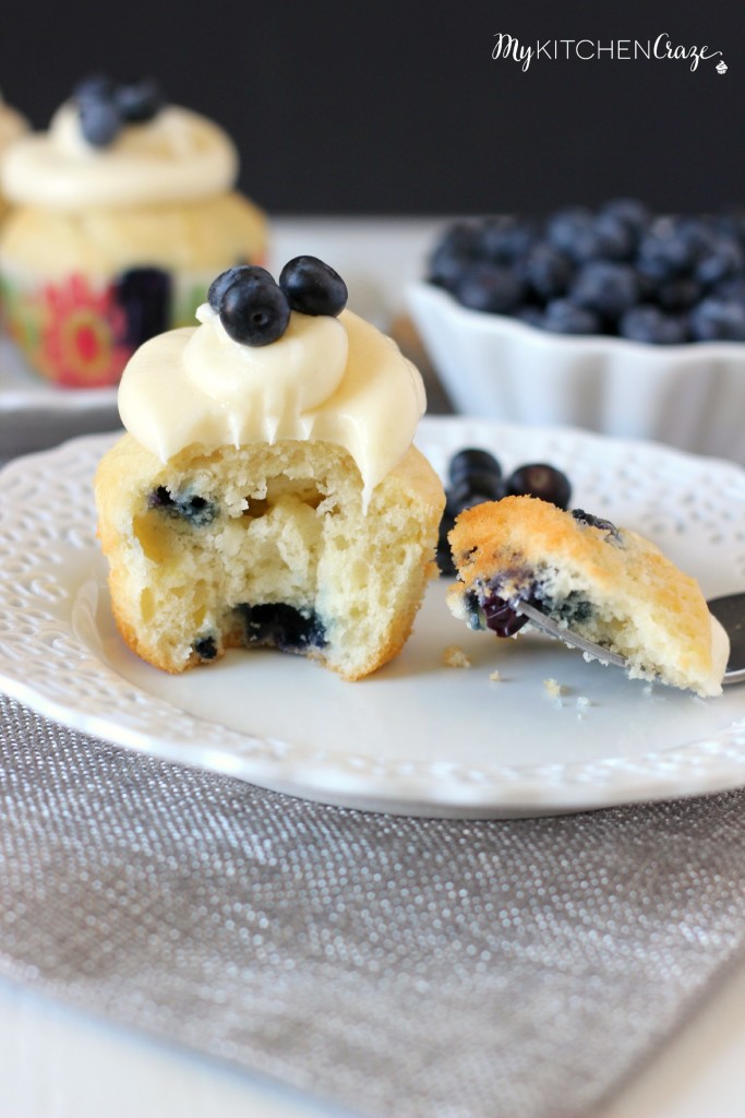 Lemon Blueberry Cupcakes ~ mykitchencraze.com ~  A moist cupcake filled with juicy blueberries and lemon zest. Topped with a delicious cream cheese frosting.