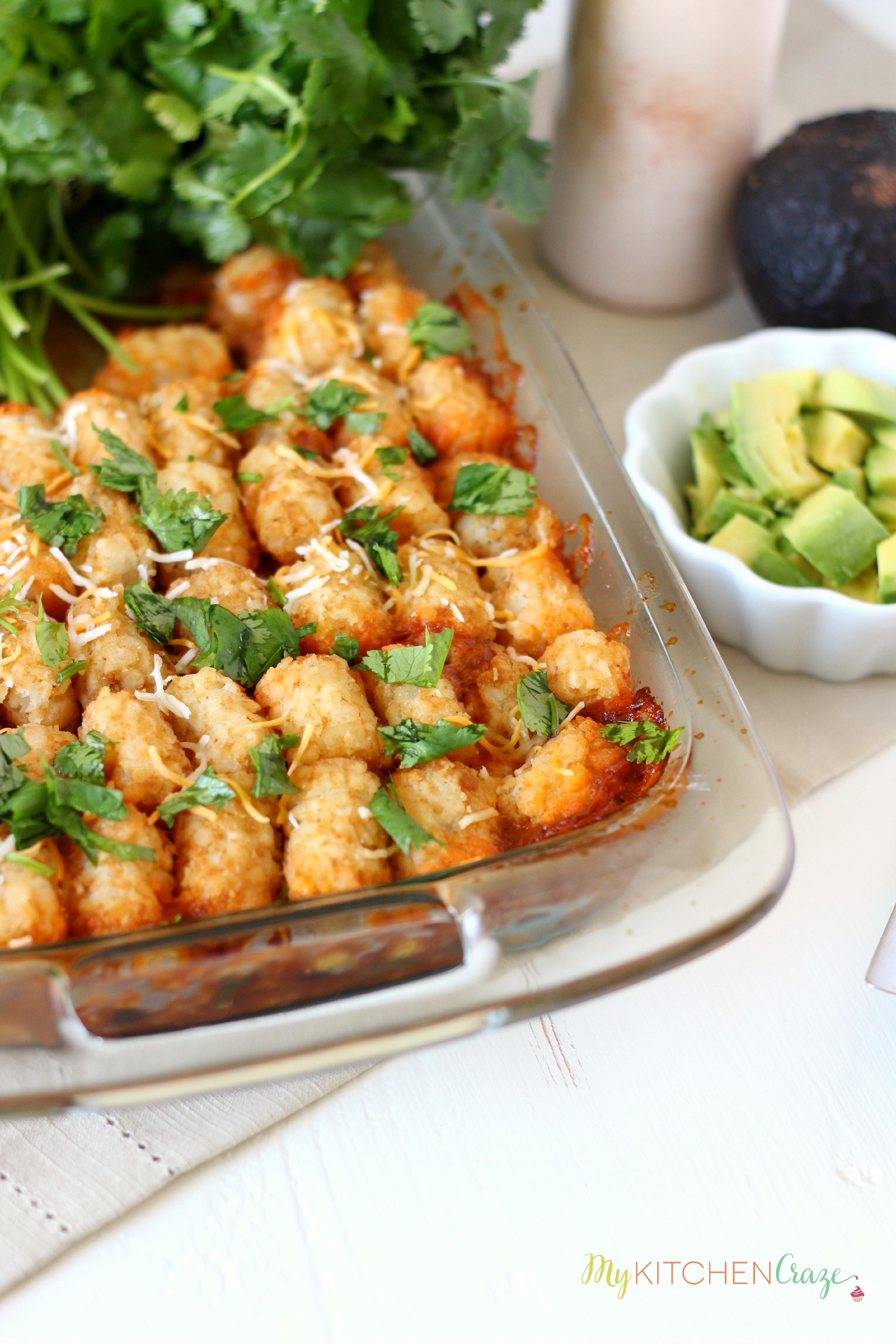 Tater Tot Taco Casserole ~ mykitchencraze.com ~ A delicious taco casserole that's layered with crispy tater tots. Perfect dinner!