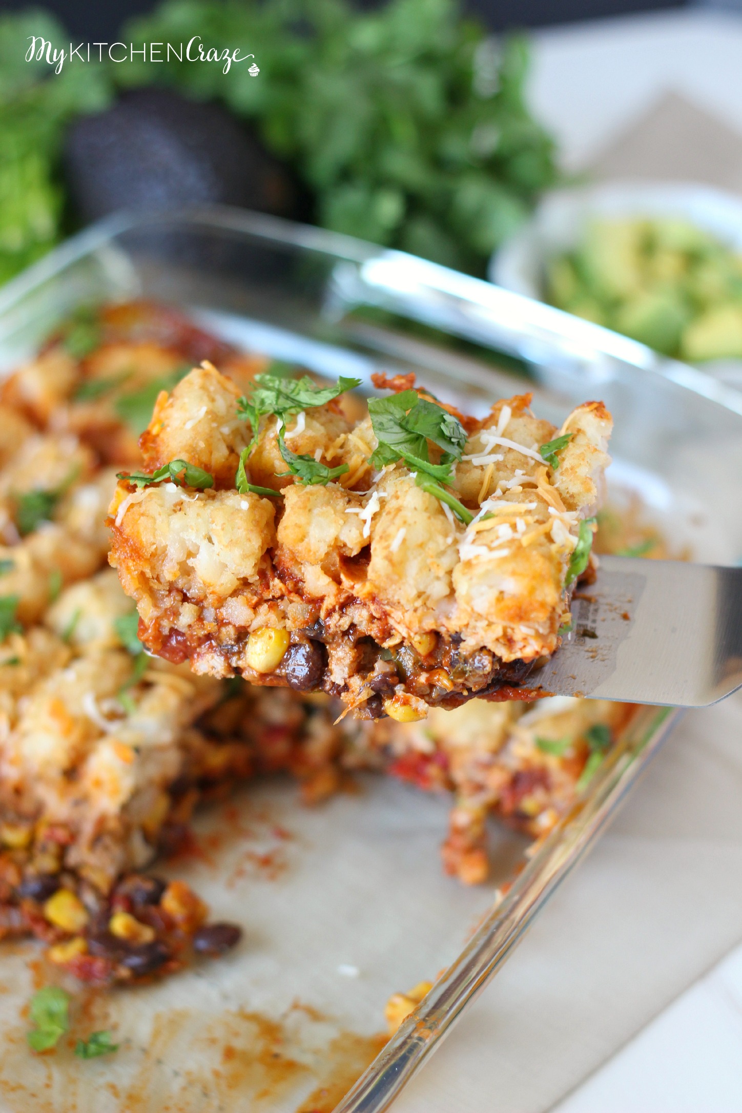Tater Tot Taco Casserole ~ mykitchencraze.com ~ A delicious taco casserole that's layered with crispy tater tots. Perfect dinner!