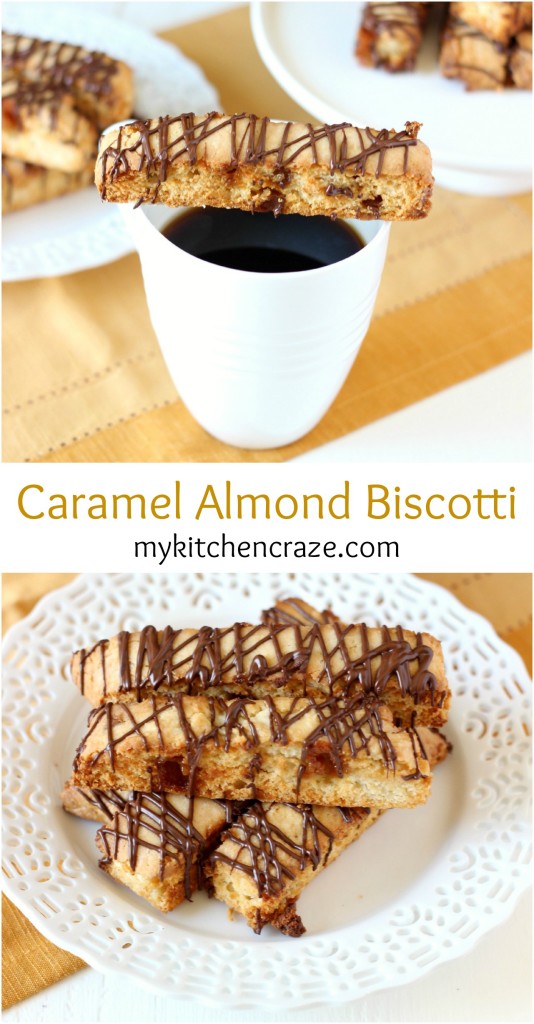 Caramel Almond Biscotti ~ mykitchencraze.com ~ A nice crunchy biscotti, filled with caramel bits and a drizzle of coffee. Perfect with your cup of coffee!