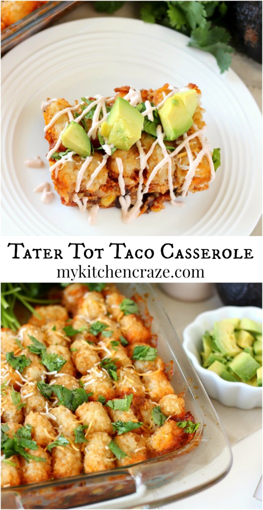 Tater Tot Taco Casserole ~ mykitchencraze.com ~ A delicious taco casserole that's layered with crispy tater tots. Perfect dinner!