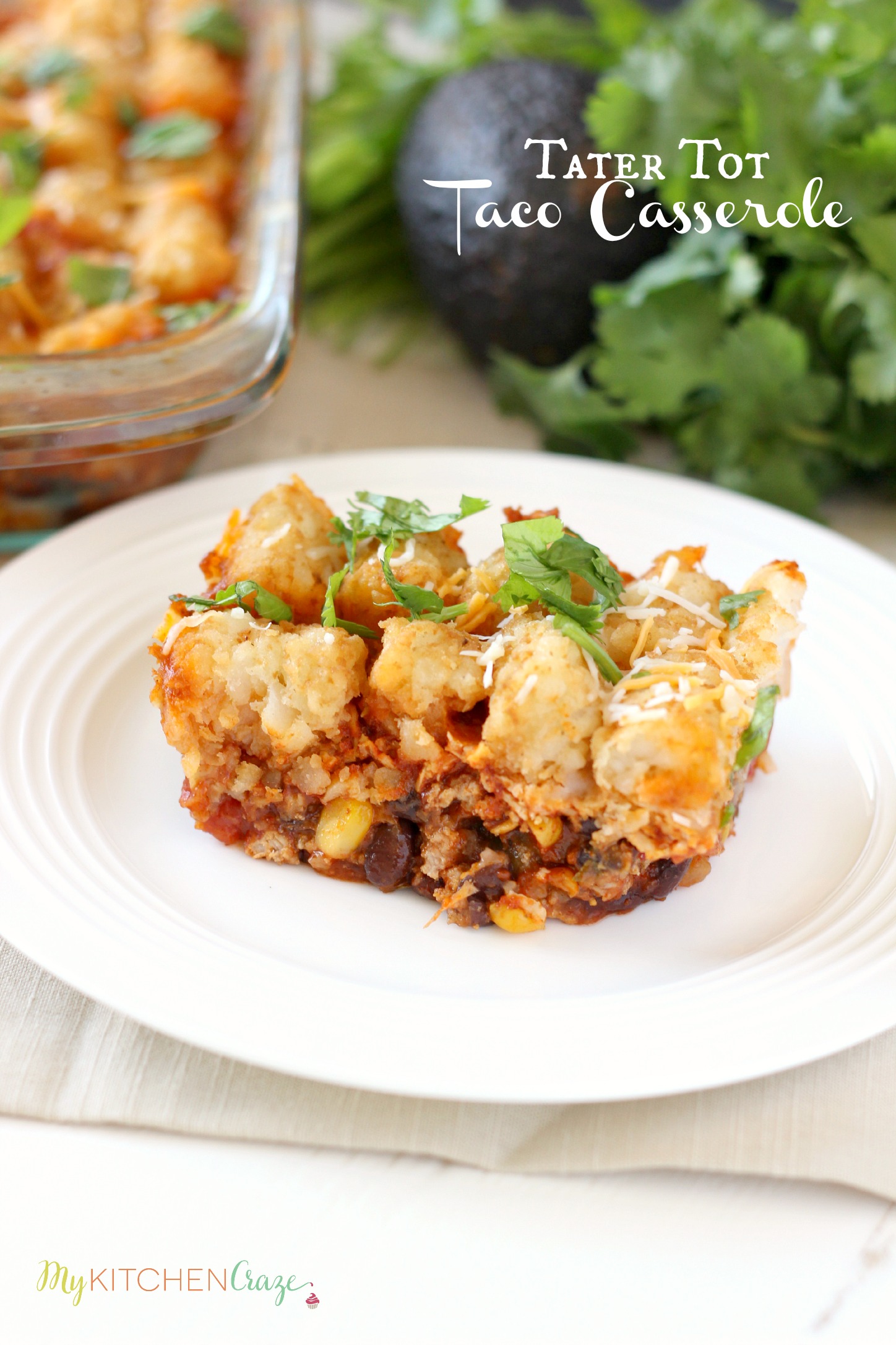 Tater Tot Taco Casserole ~ mykitchencraze.com ~ A delicious taco casserole that's layered with crispy tater tots. Perfect dinner!