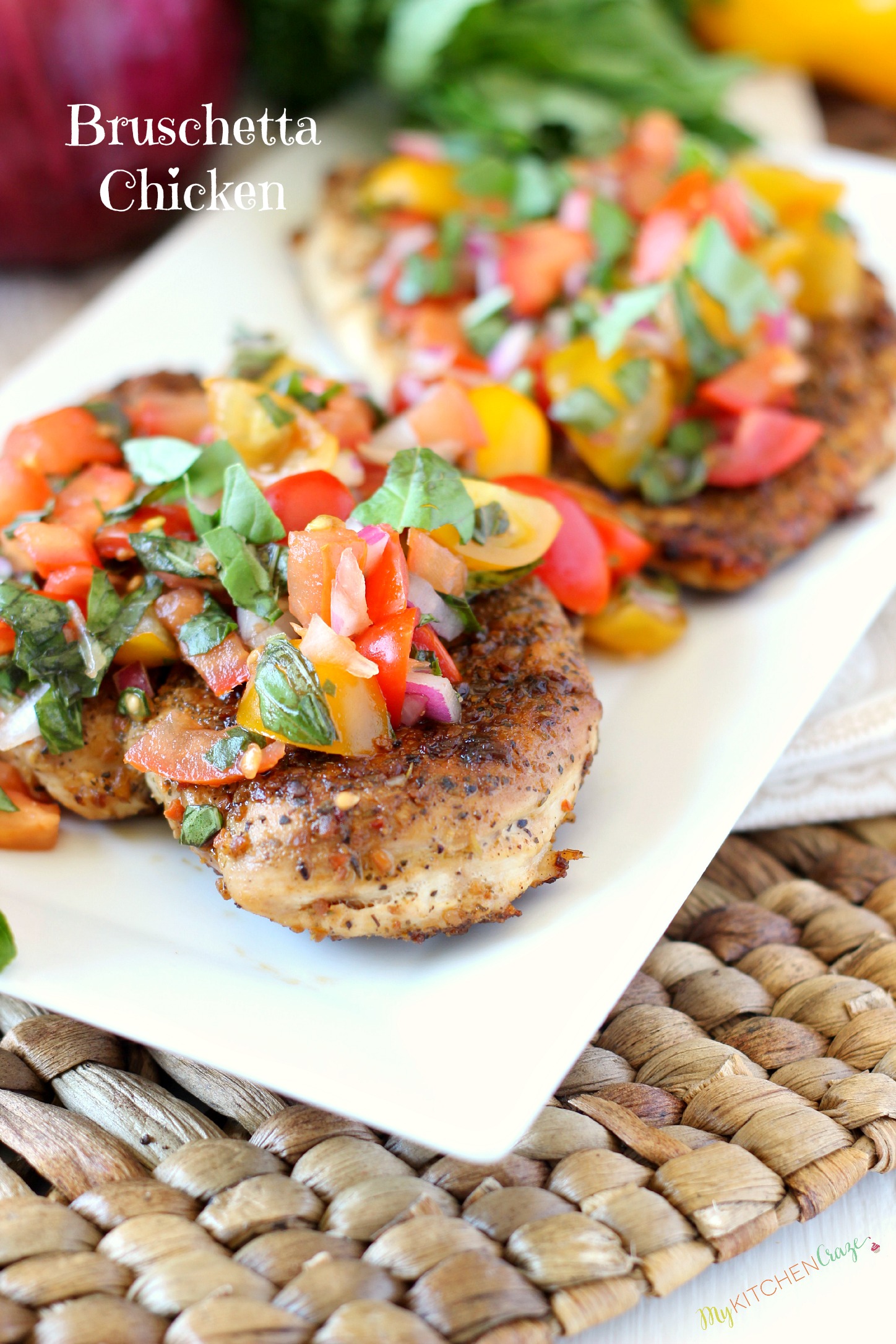 Bruschetta Chicken ~ mykitchencraze.com ~ A delicious and flavorful meal that the whole family will love.