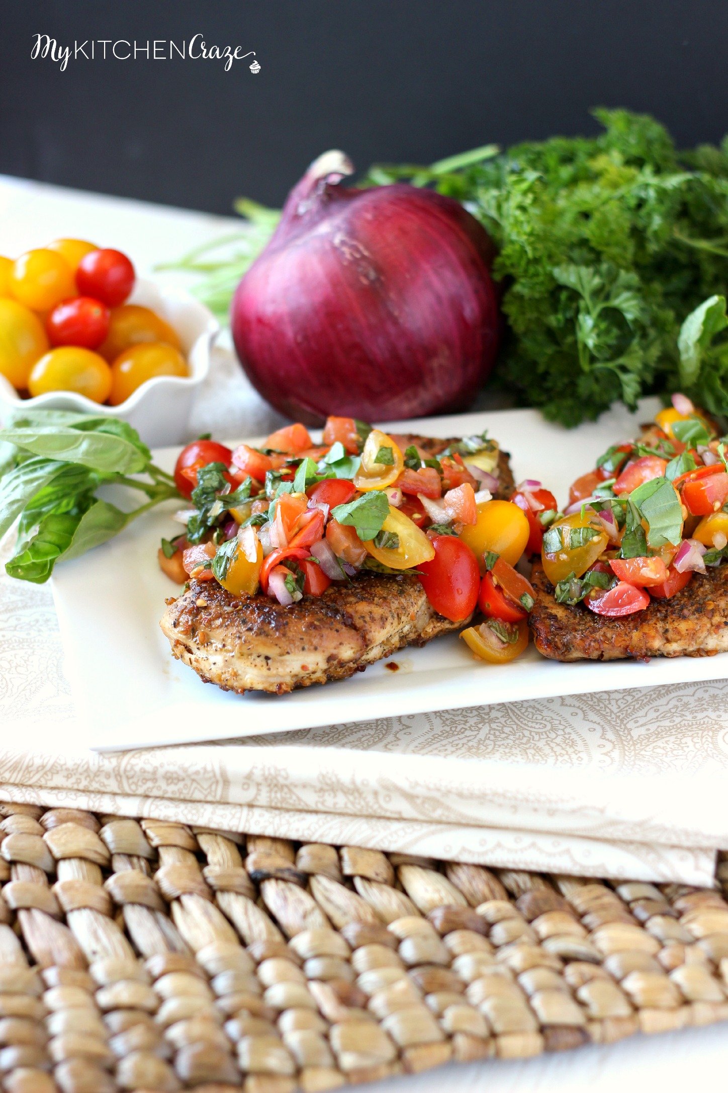 Bruschetta Chicken ~ mykitchencraze.com ~ A delicious and flavorful meal that the whole family will love.