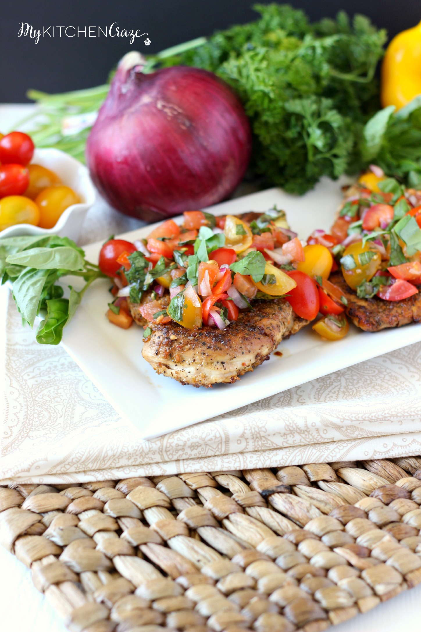 Bruschetta Chicken ~ mykitchencraze.com ~ A delicious and flavorful meal that the whole family will love.